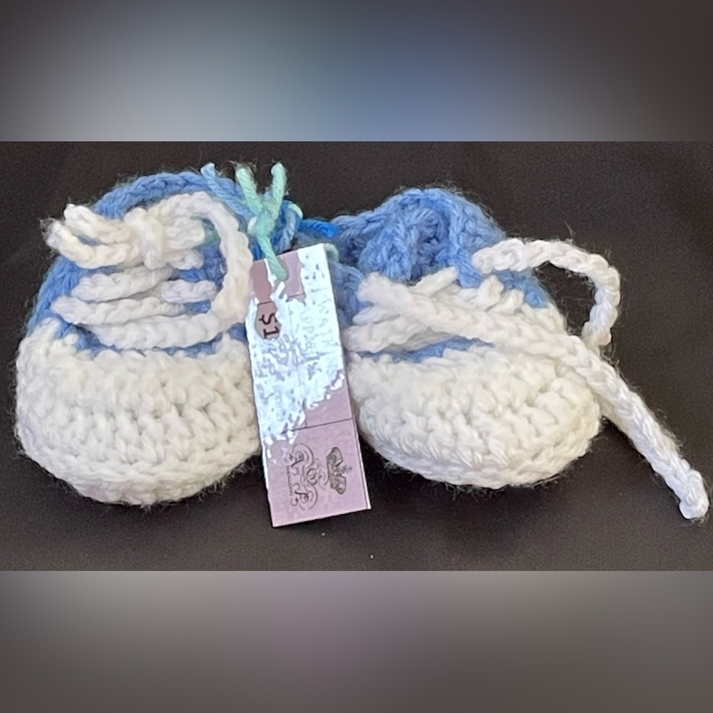 Blue and White Baby Booties 3 1/2 “ x 2 1/2 “. 2 1/2 “ tall.